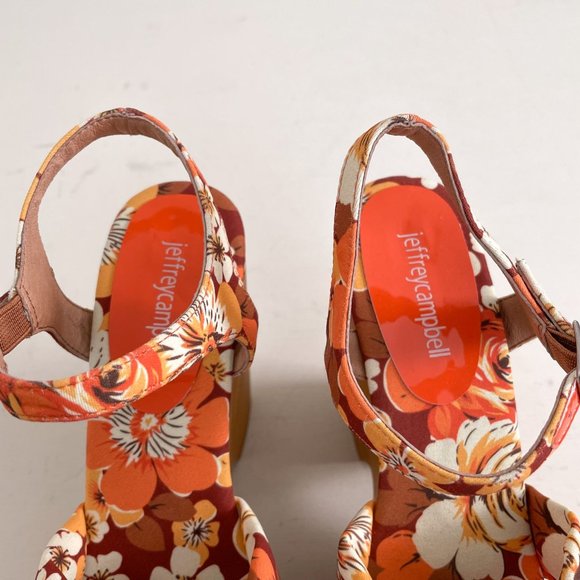 Jeffrey Campbell Orange & Brown Floral Jacy Wood Platform Wedge Sandals Size 8 - Picture 4 of 16